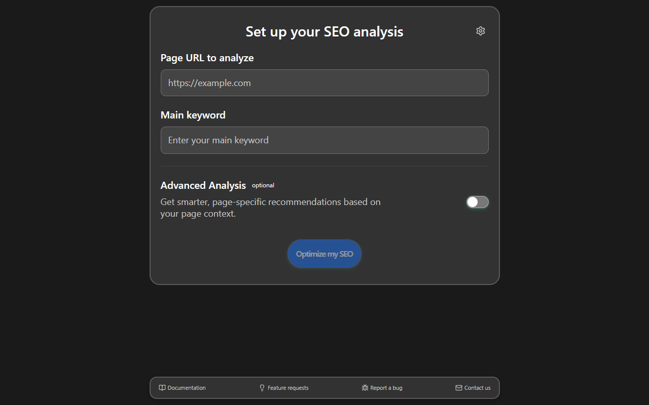 AI SEO Copilot Chrome extension setup screen showing URL and keyword inputs